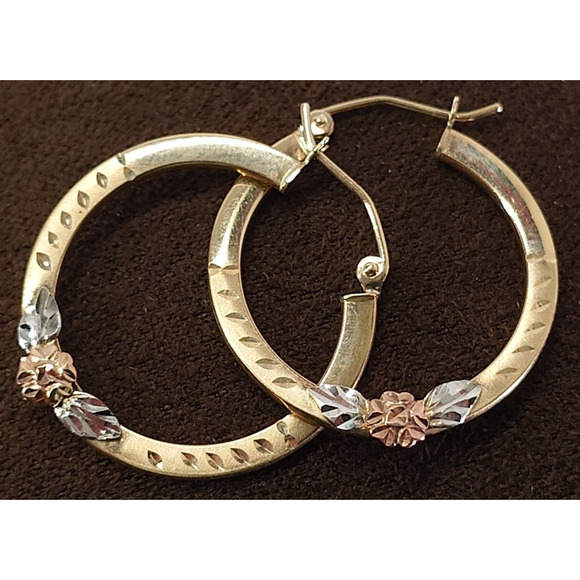 14k Tri Color Gold Fancy Flower Hoop Earrings (29mm Diameter) womens New